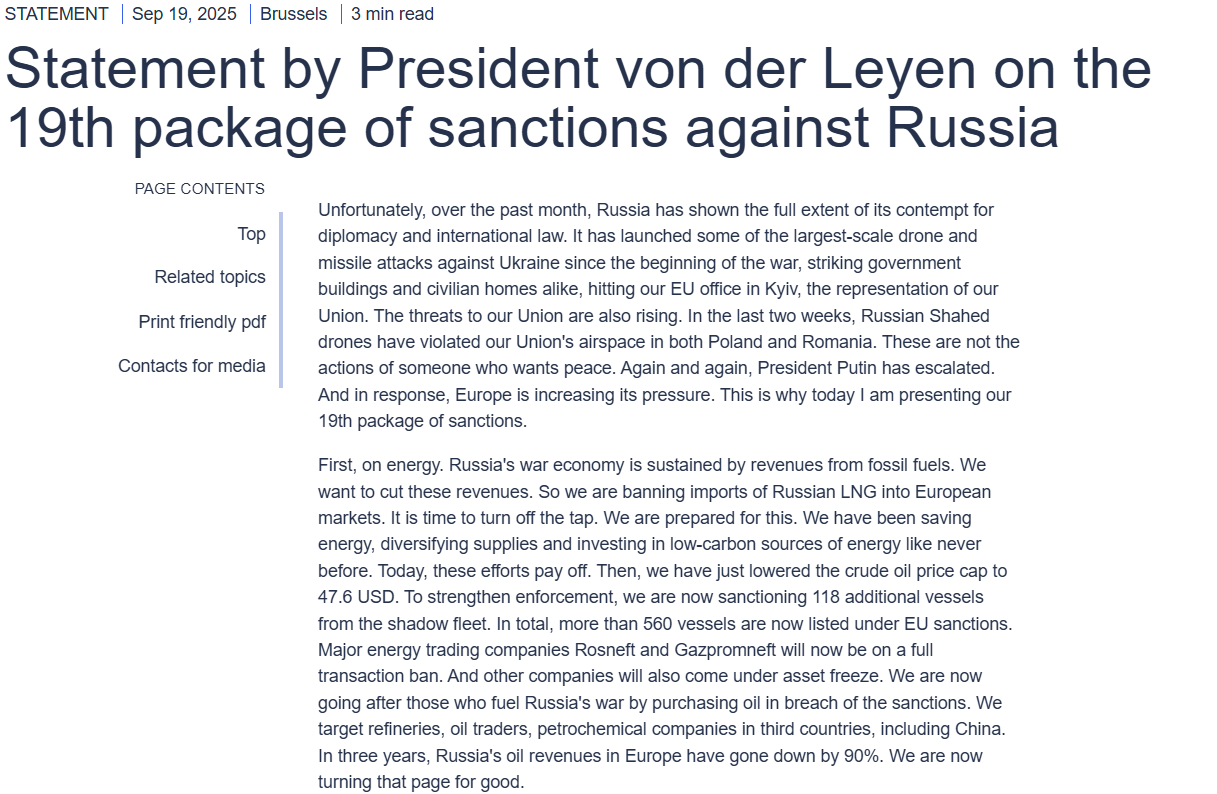 EU’s 19th sanctions package statement. Source: ec.europe.eu