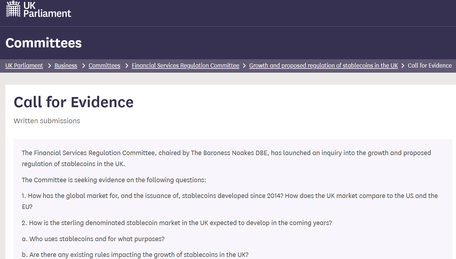 Call for evidence from the Financial Services Regulation Committee. Souce: committees.parliament.uk