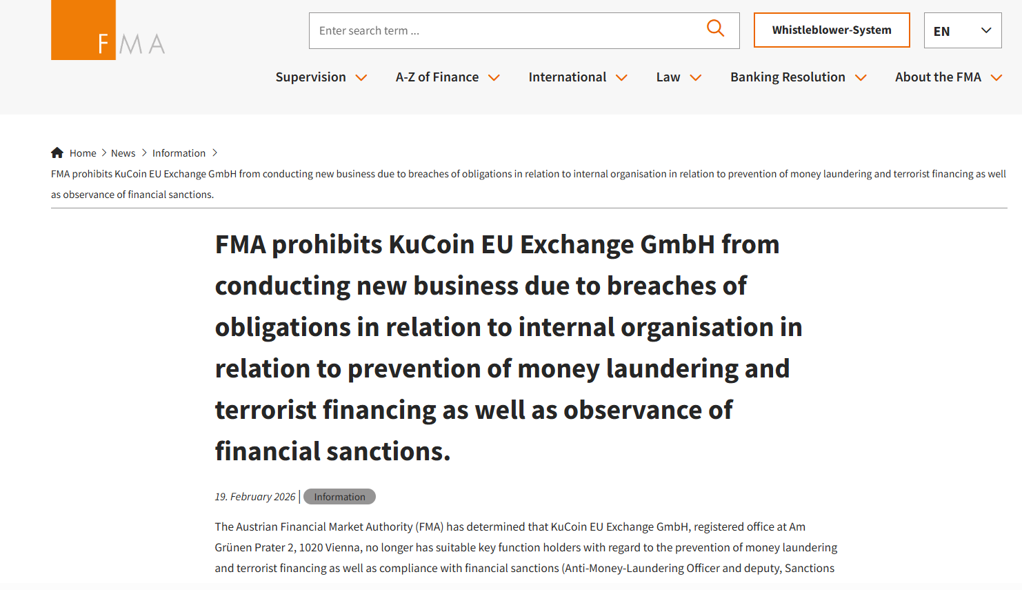 KuCoin’s new business ban. Source: FMA