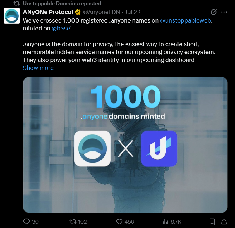 An example of privacy-focused decentralized domain offerings through Unstoppable Domains. Source: AnyoneFDN