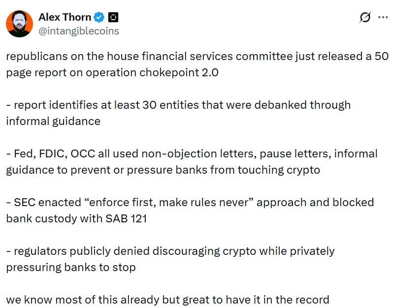 Crypto industry claims about “Operation Chokepoint 2.0” were recently echoed in official findings. Source: Alex Thorn