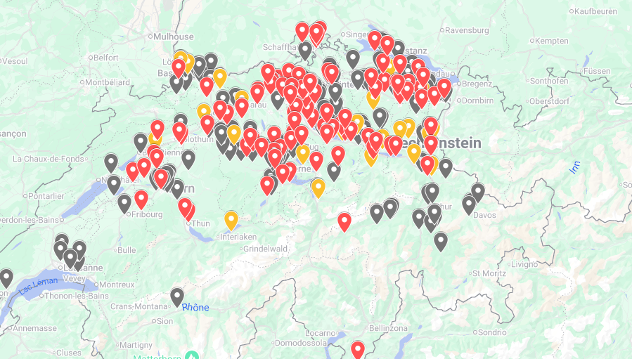 The shops marked above in red have already rolled out crypto payments, while the yellow ones are preparing to launch them. Source: DFX.swiss
