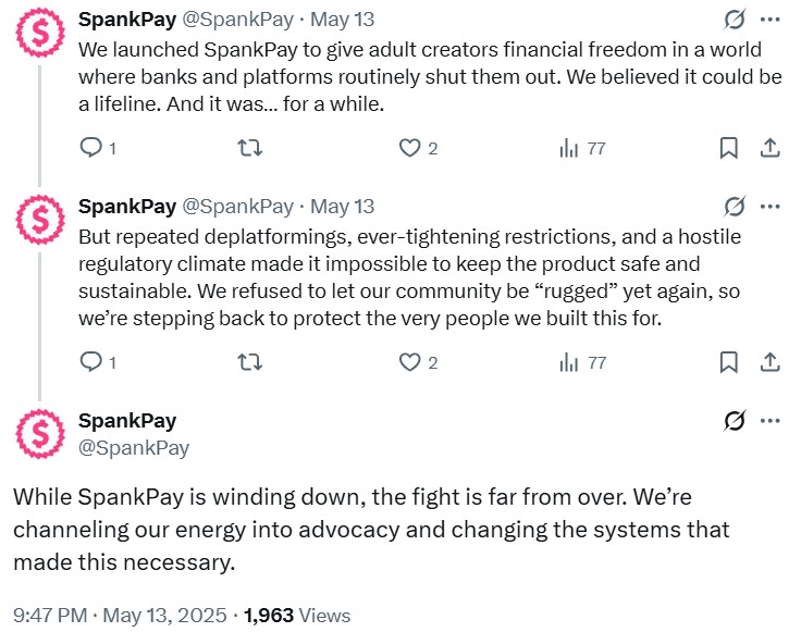 SpankPay cited a hostile regulatory climate as the reason for winding down its payment service. Source: SpankPay