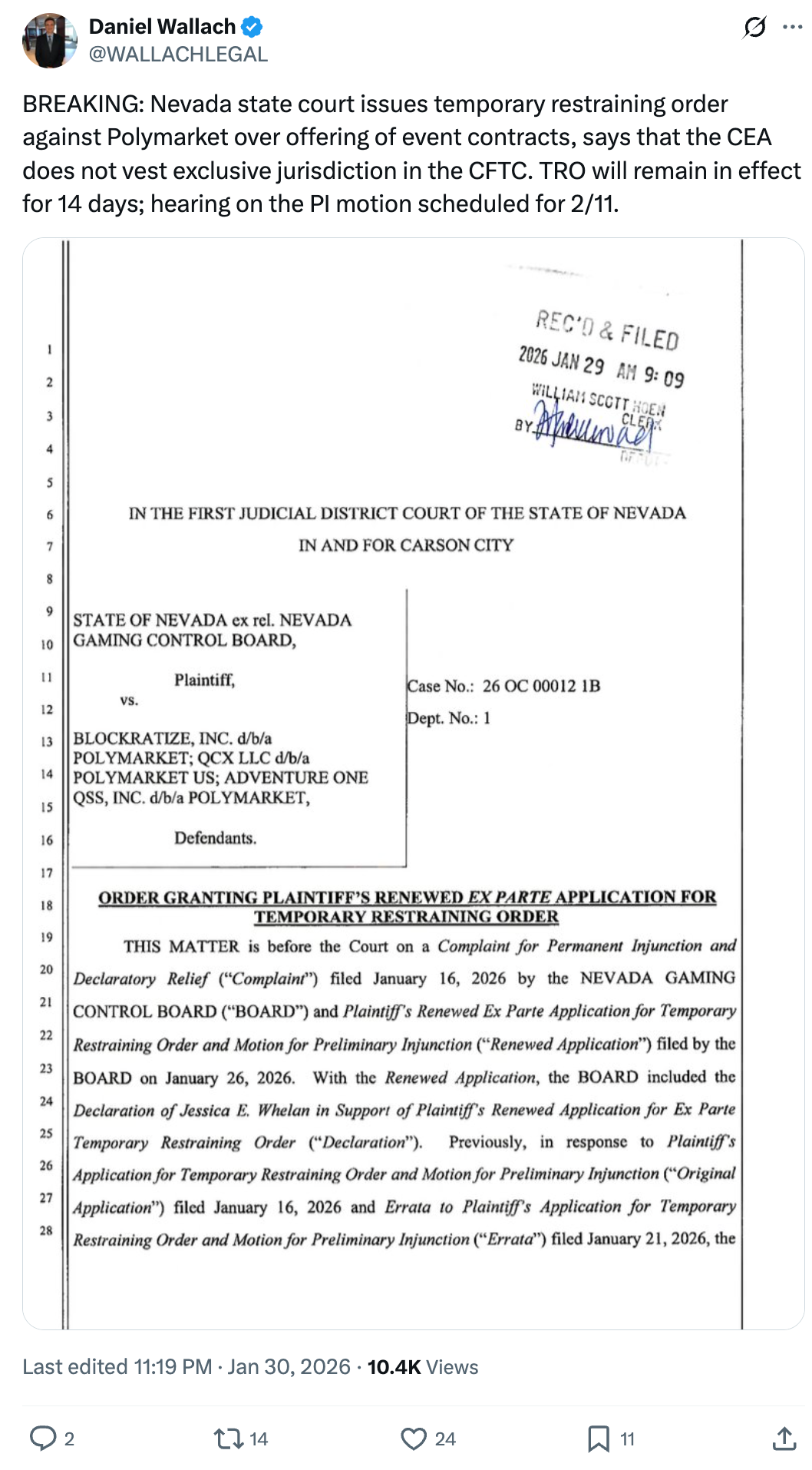 Sports and gaming lawyer Daniel Wallach provided Cointelegraph with a copy of the court order. Source: Wallach