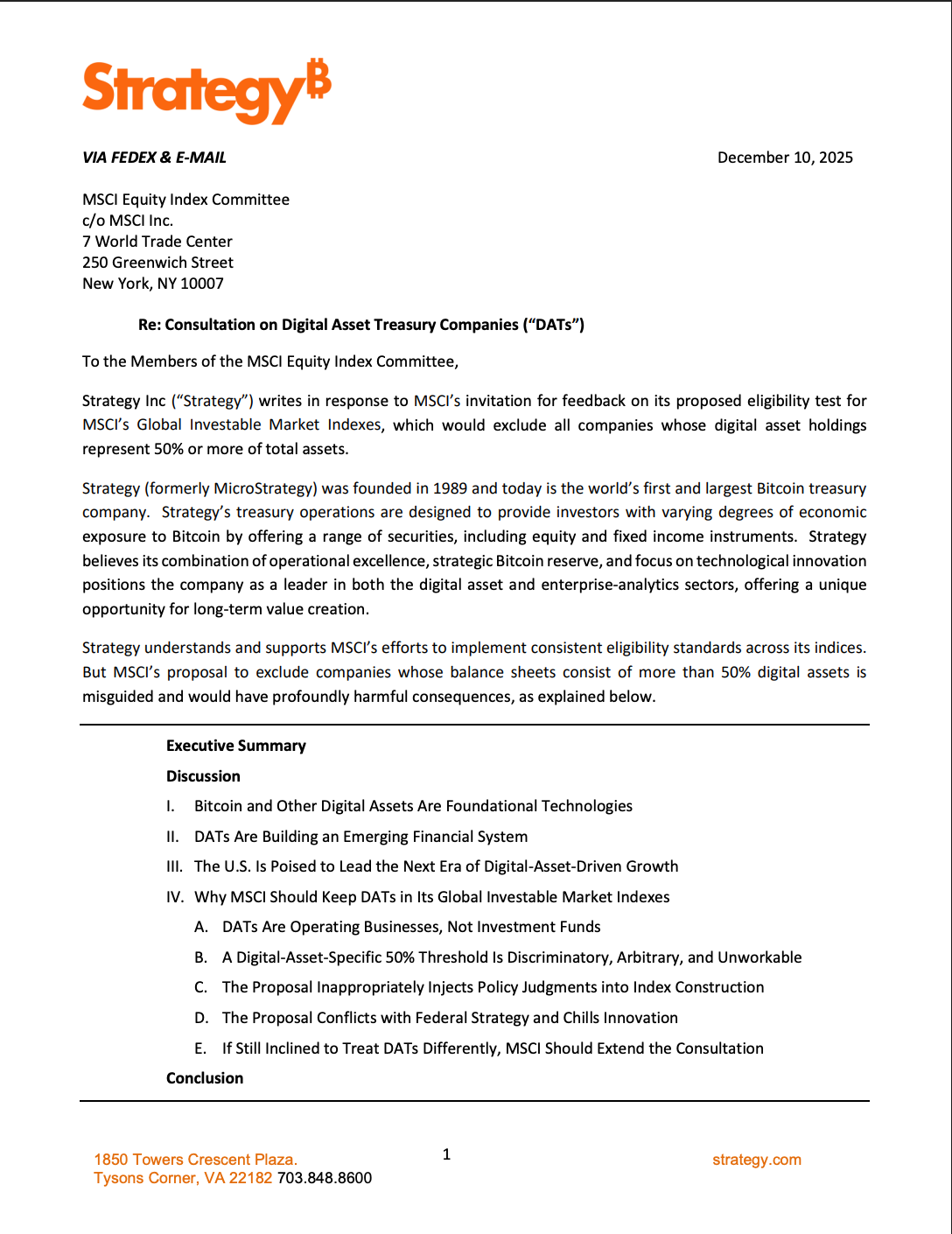 The first page of Strategy’s letter to the MSCI pushes back against the proposed eligibility criteria change. Source: Strategy