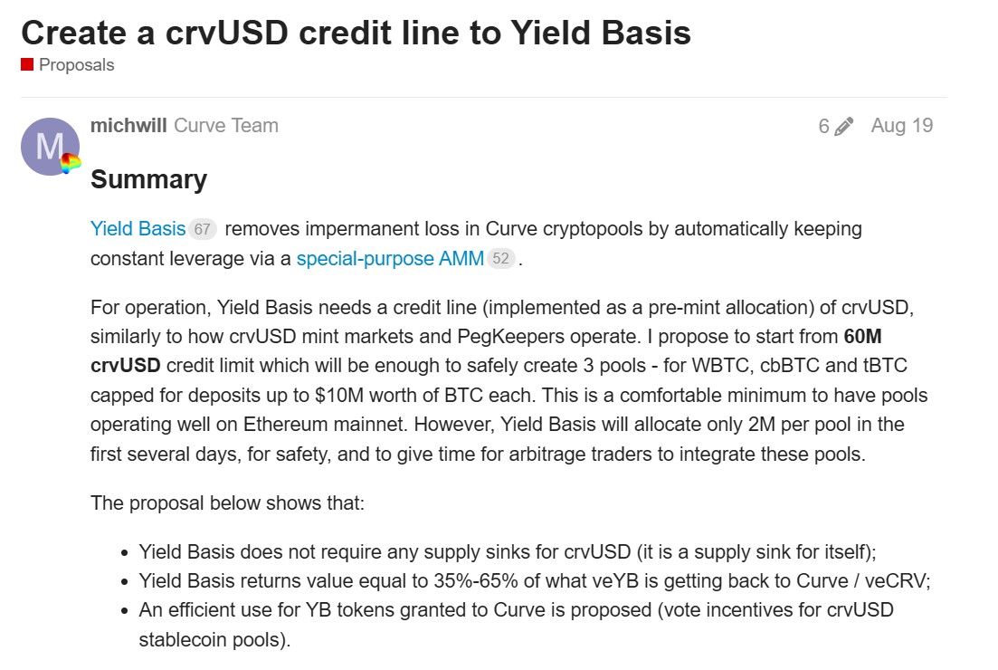 Curve proposal to create a crvUSD credit line to Yield Basis. Source: Curve Finance