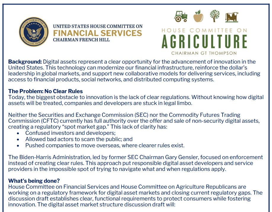 One-pager of the digital asset market structure discussion draft submitted by House Republicans on May 5. Source: US House Agriculture Committee