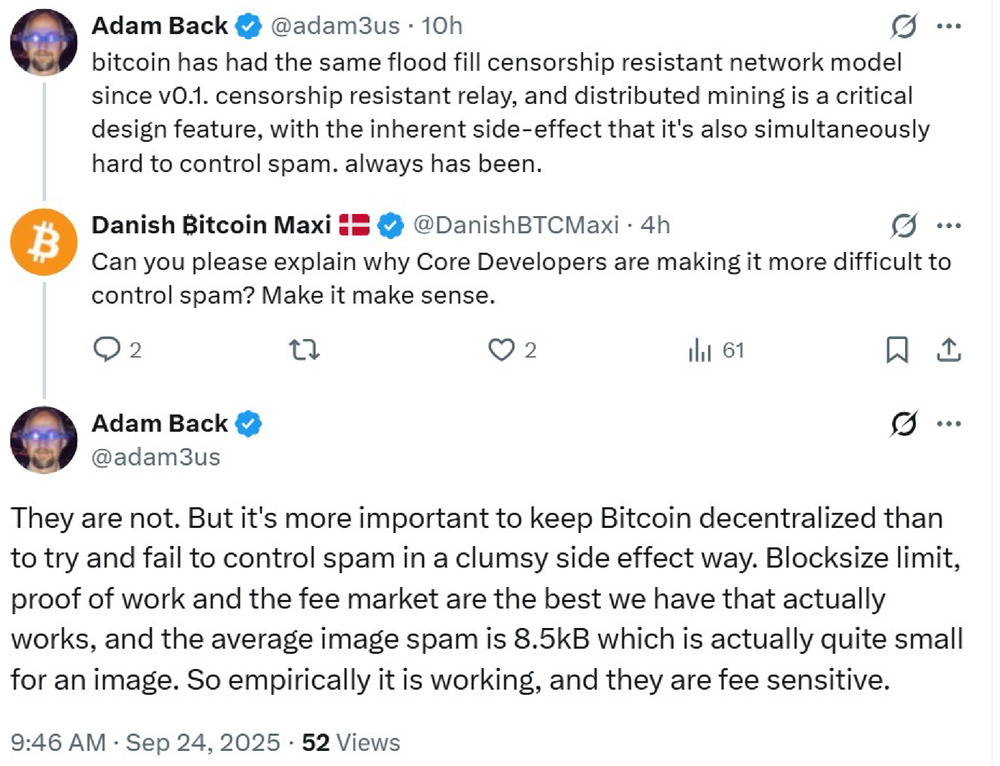 Blockstream CEO Adam Back said Bitcoin’s decentralization should be prioritized over incomplete spam control. Source: Adam Back