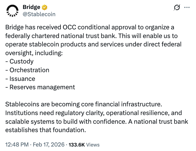 Bridge received conditional approval from a US regulator to become a national trust bank in mid-February. Source: Bridge