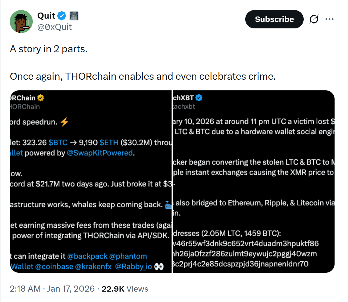 Users slam THORchain for allowing hacker to shift funds. Source: Quit