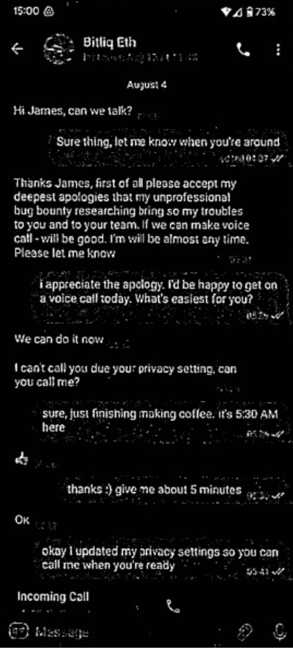 Alleged messages between Gurevich and Nomad’s James Prestwich were shared on X by Israel-based Walla News journalist Yoav Itiel. Source: Yoav Itiel