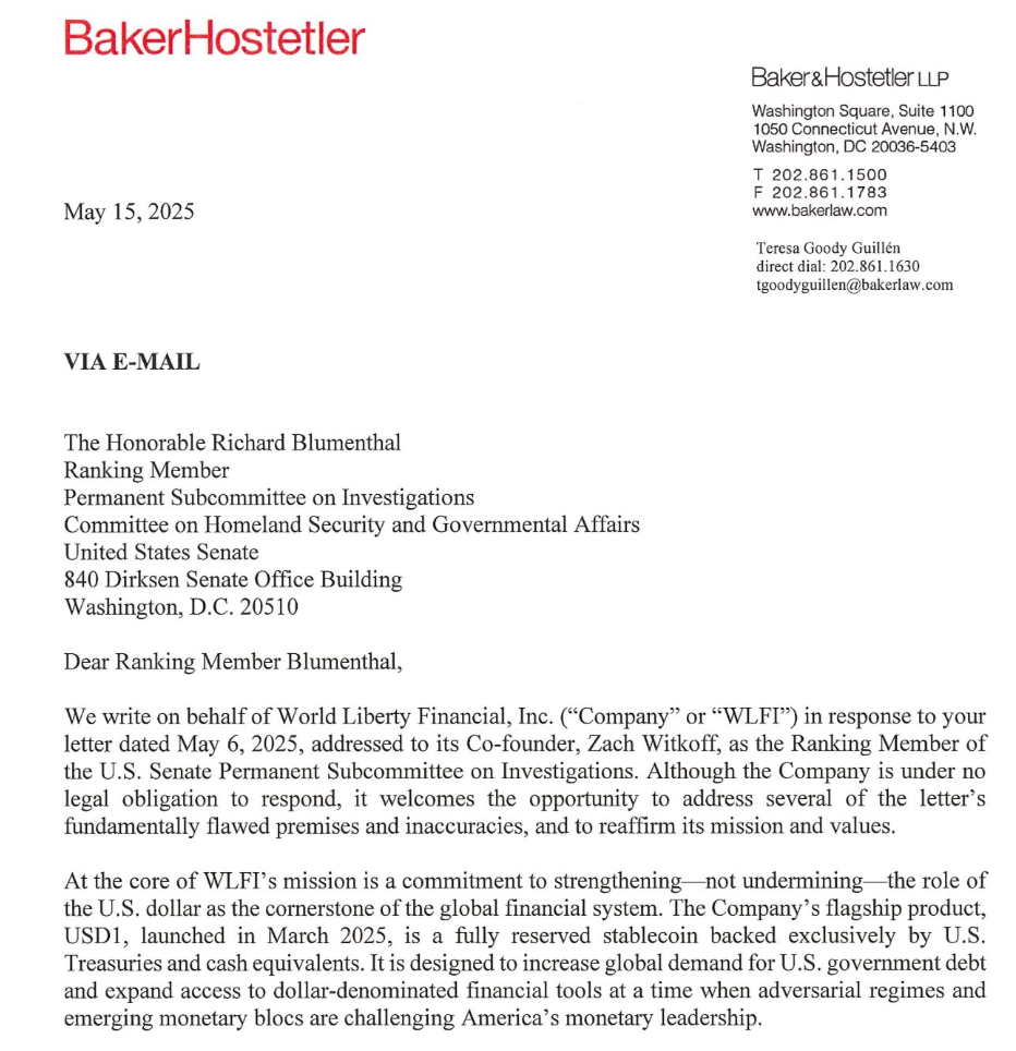May 15 letter to Sen. Blumenthal. Source: Zach Witkoff