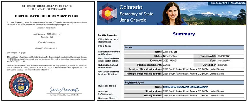 Screenshots showing Xinbi Co. Ltd’s incorporation in the US state of Colorado. Source: Elliptic