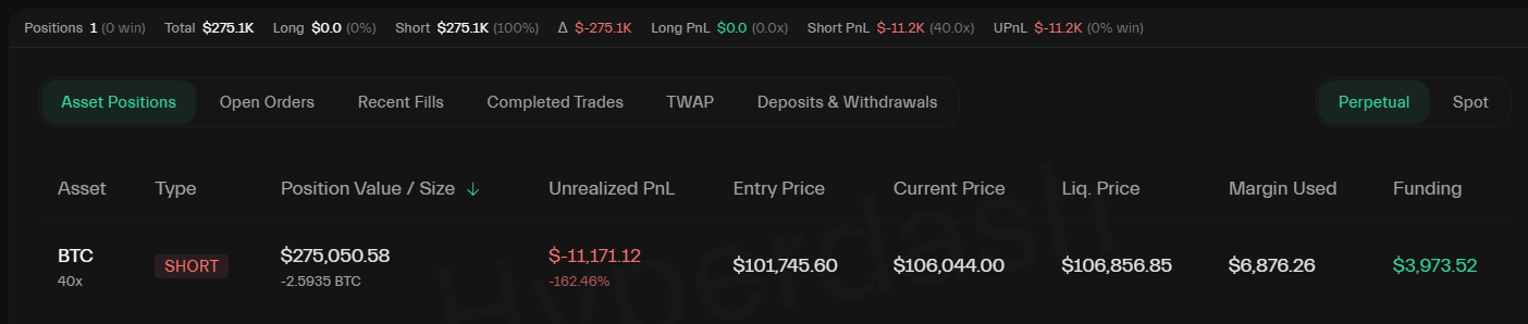 James Wynn-related wallet “0x5078,” open positions. Source: Hyperdash