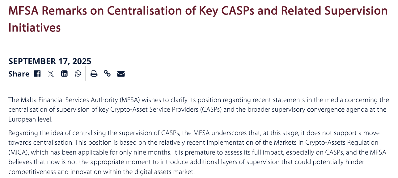 MFSA opposed CASP supervision centralization in September 2025. Source: MFSA