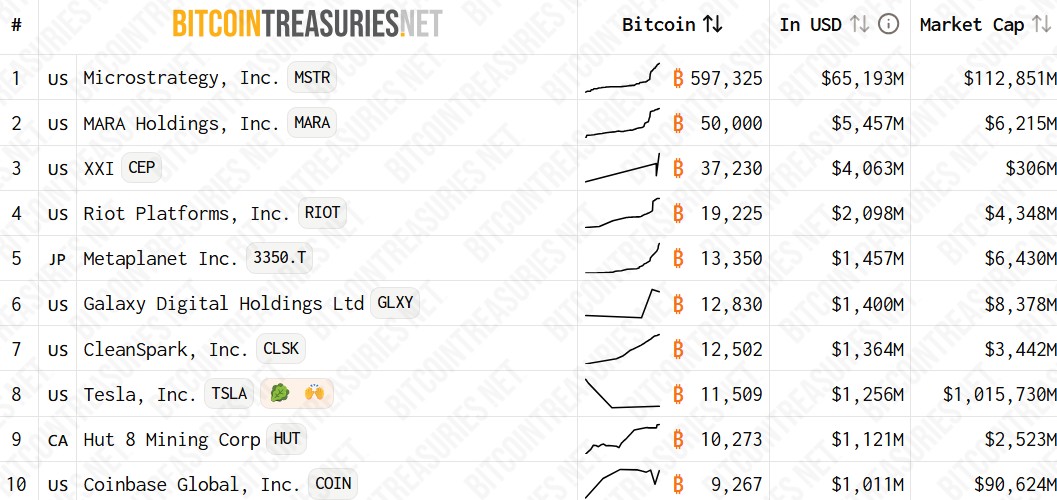 Riot and MARA are among the top five publicly listed companies holding Bitcoin. Source: BitcoinTreasuries.NET