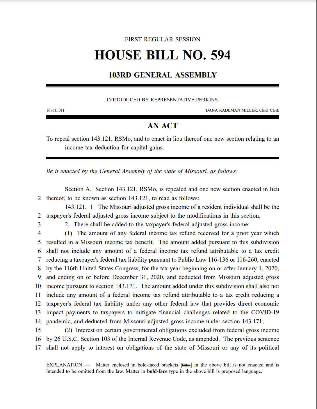 Missouri House Bill 594 proposes exempting capital gains from income taxes. Source: Missouri House of Representatives