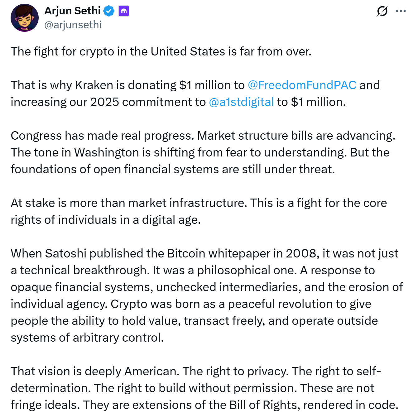 Kraken announced $2 million in funding to Crypto PACs. Source: Arjun Seth i