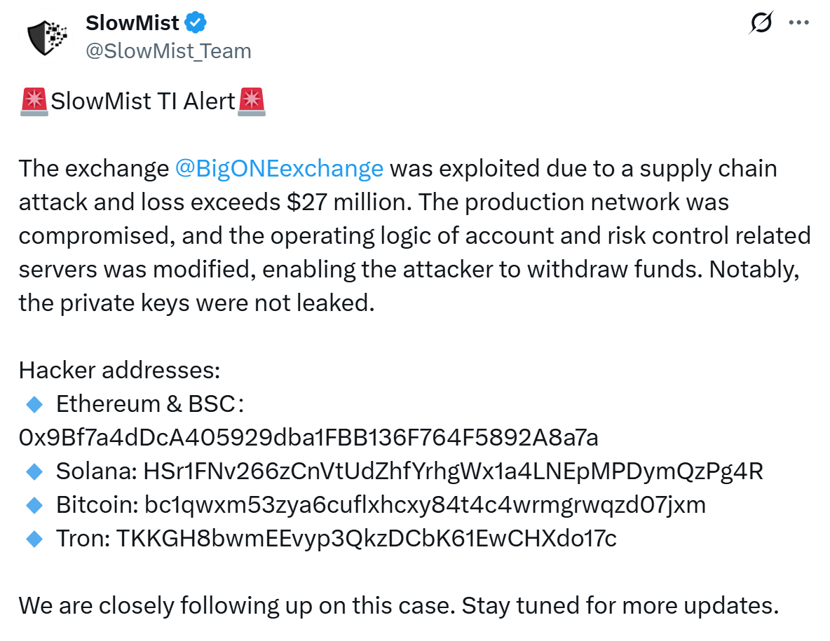 BigONE will collaborate with SlowMist to recover funds. Source: SlowMist