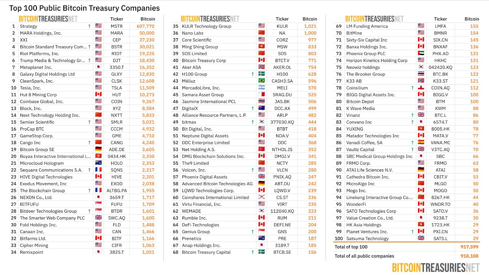 The top 100 publicly traded Bitcoin holders. Source: BitcoinTreasuries.NET