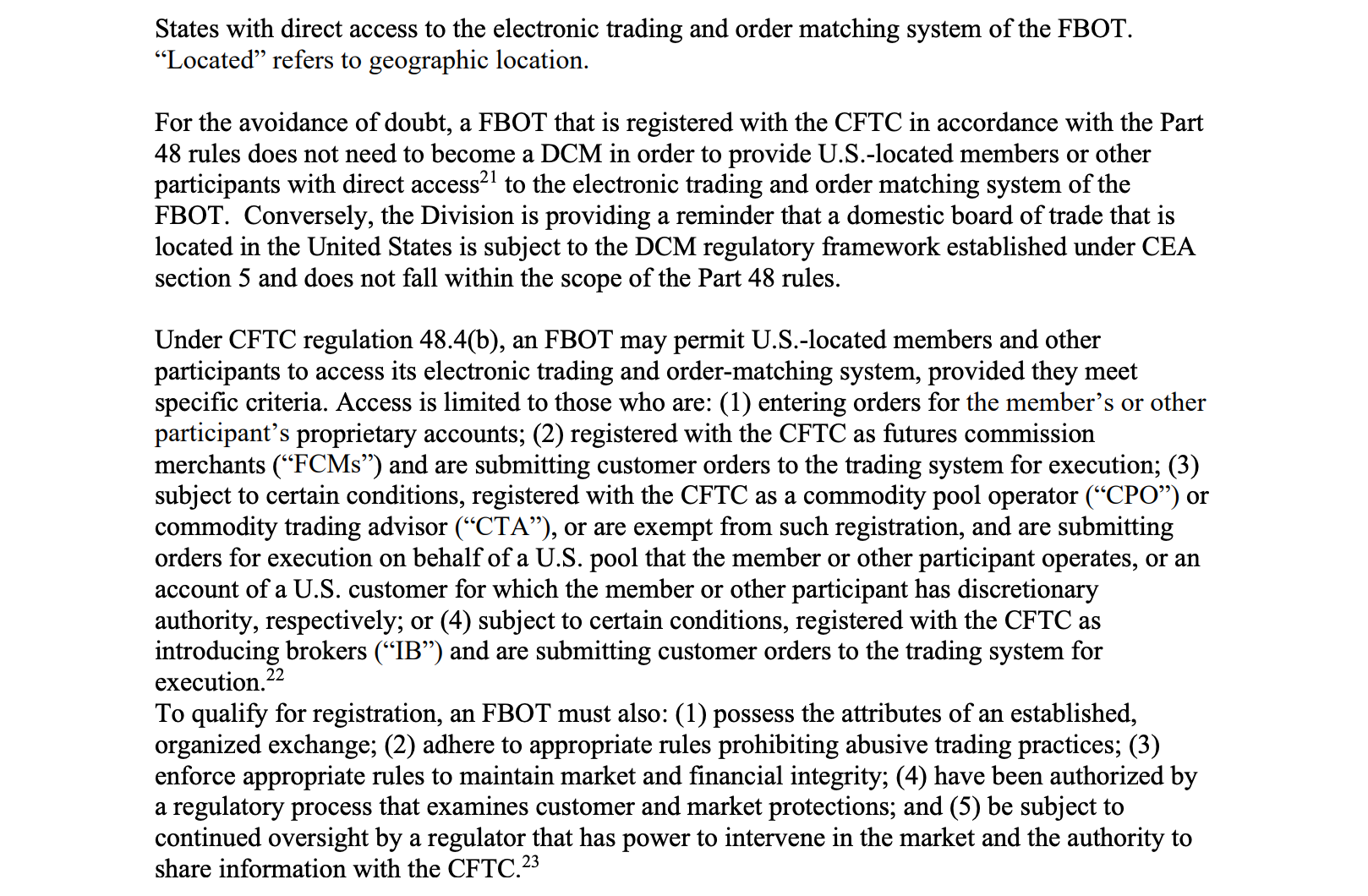 CFTC staff guidance outlining qualifying criteria to register under the FBOT framework and serve US residents. Source: CFTC