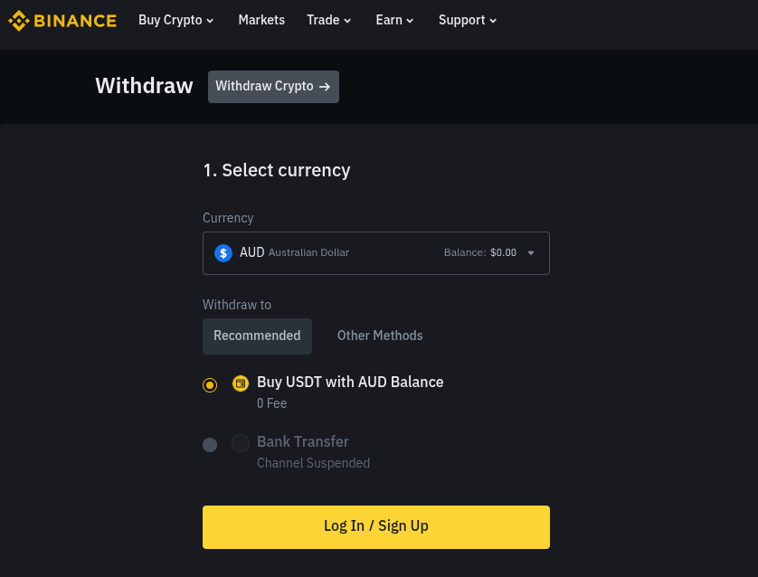 Binance’s Australian dollar withdrawal menu. Source: Binance