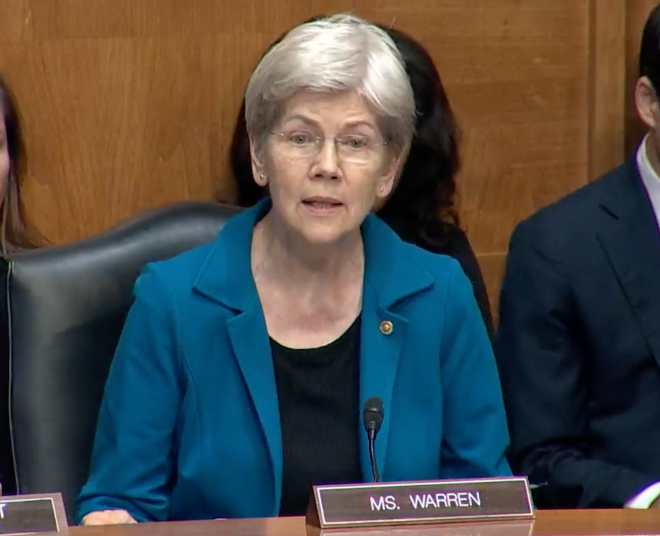 Senator Elizabeth Warren at a July 9 Senate hearing. Source: Senate Banking Committee