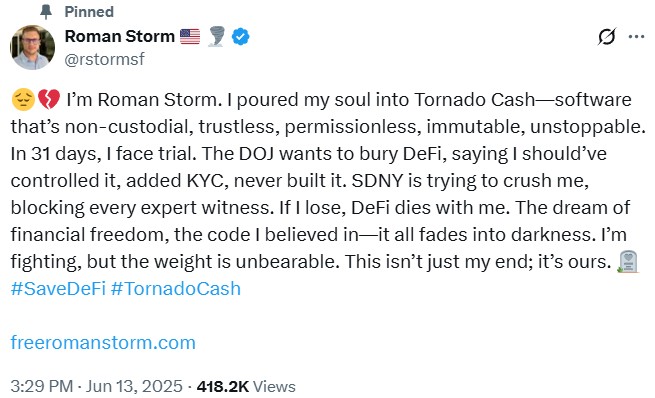 Storm claims his case is a battle for decentralized finance. Source: Roman Storm