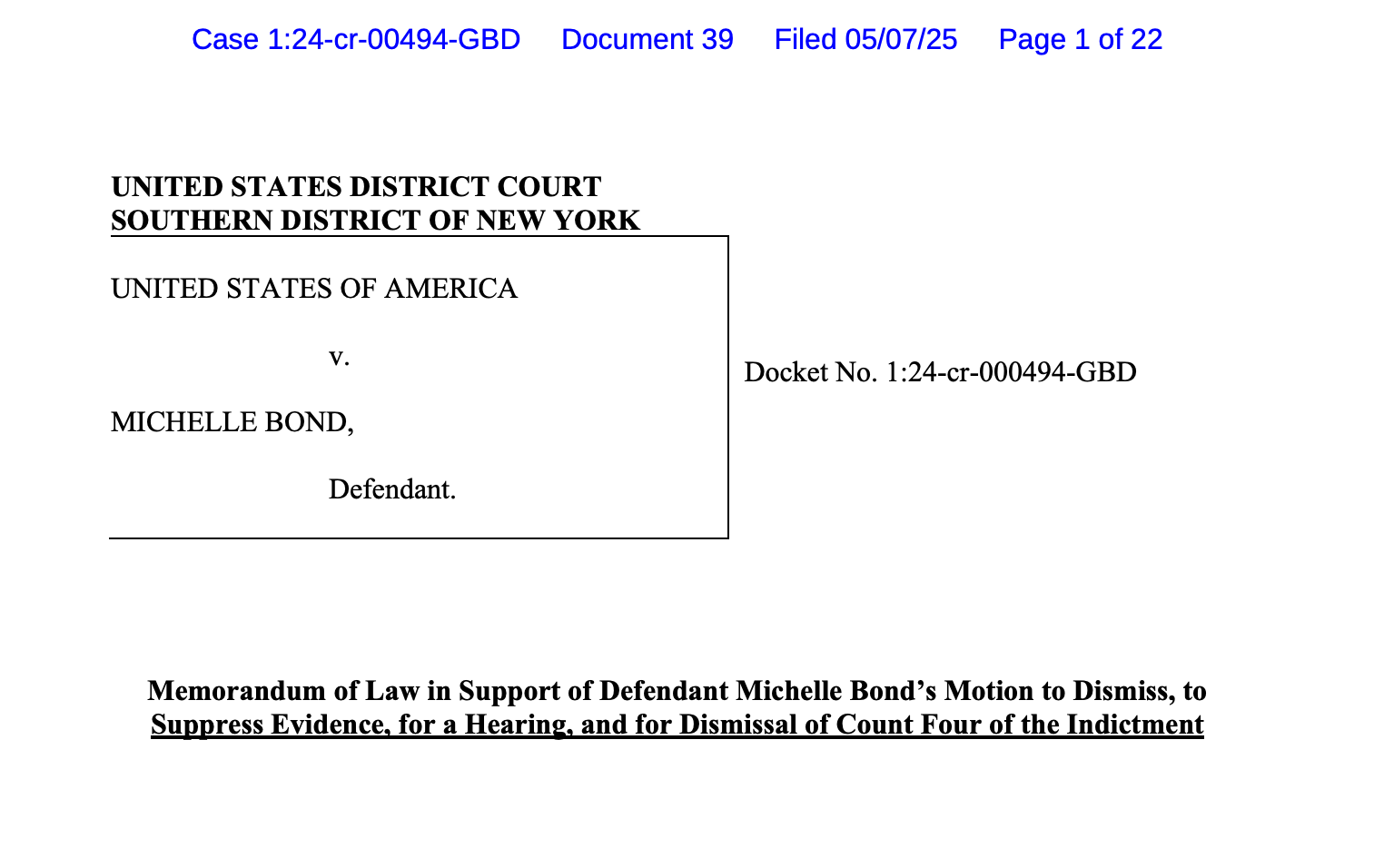 May 7 filing requesting a dismissal of one charge for Michelle Bond. Source: Courtlistener
