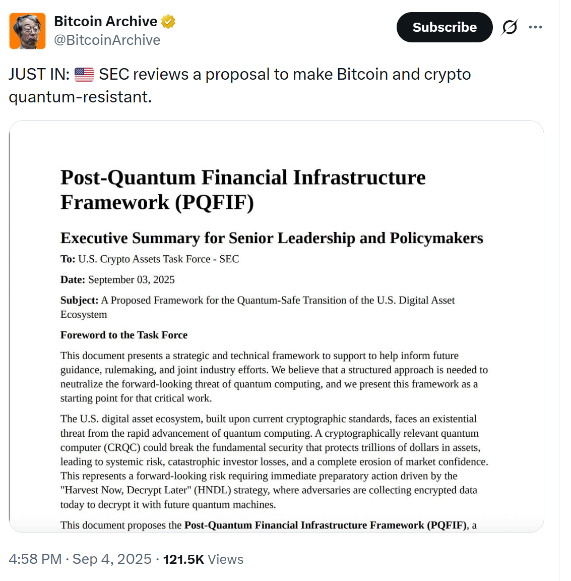 SEC reviews proposal to make crypto quantum-resistant. Source: Bitcoin Archive