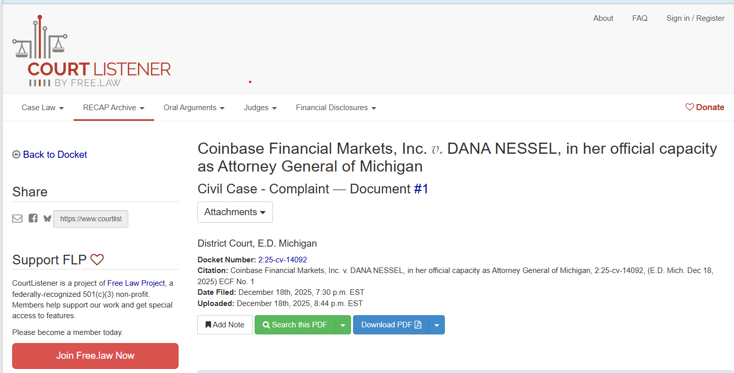 Coinbase filing against Michigan. Source: Court Listener