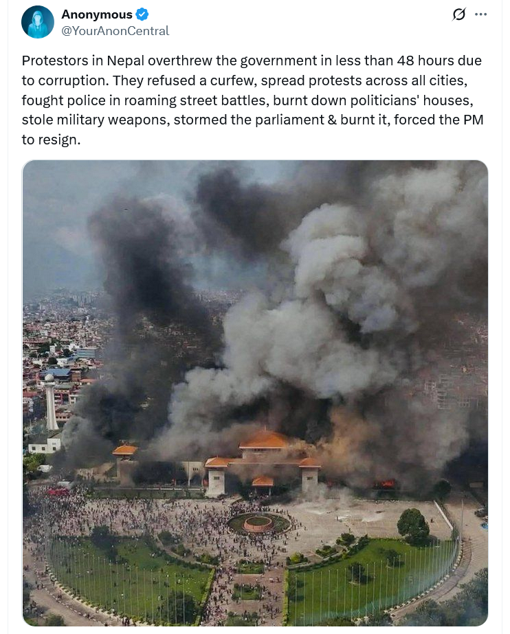 Protestors in Nepal overthrew the government following a social media ban in the country. Source: Anonymous