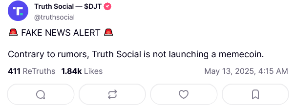 Truth Social denies rumors that it is launching a memecoin. Source: Truth Social