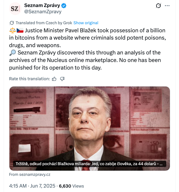 Local reports linked the 468 BTC donation to originate from Nucleus. Source: Seznam Zprávy
