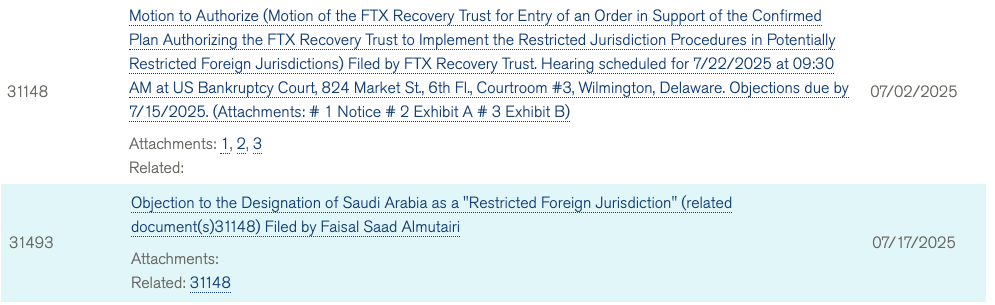 FTX estate’s motion (filed on July 2) next to an objection from Saudi Arabia from Thursday. Source: Kroll