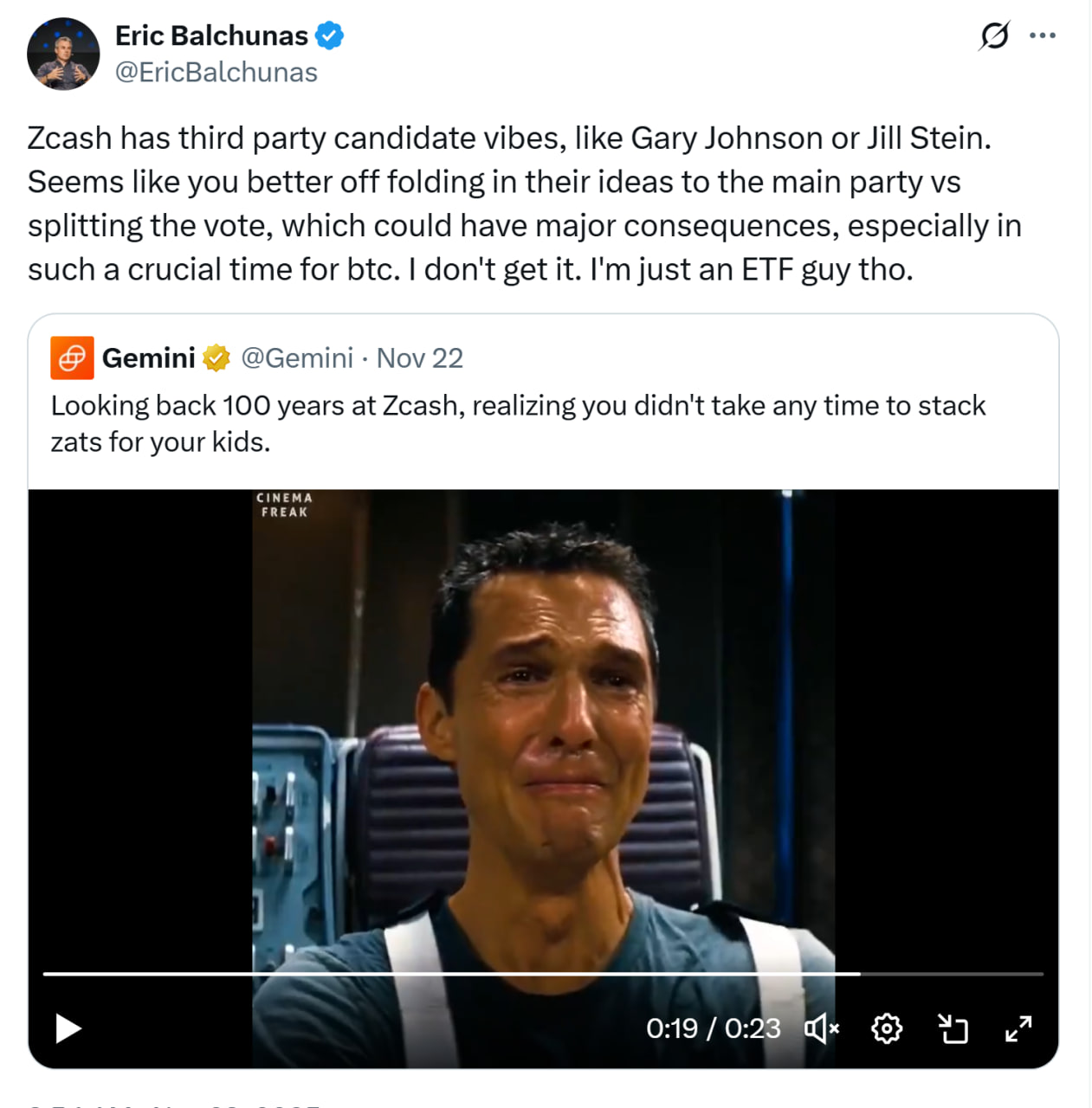 Eric Balchunas says Zcash has third-party candidate vibes. Source: Eric Balchunas