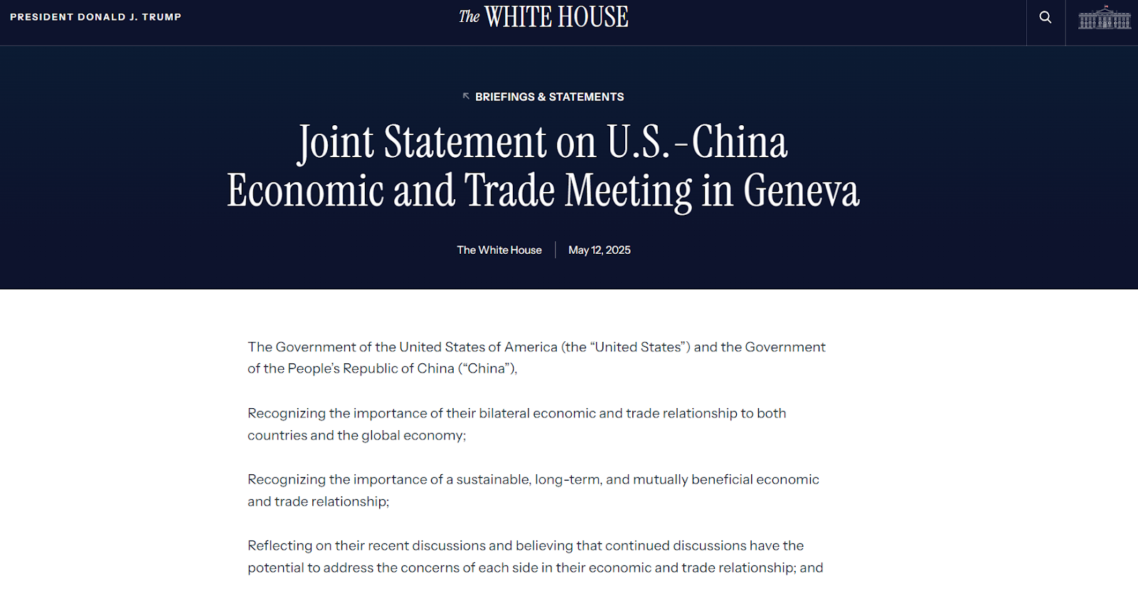 Joint statement on US-China meeting in Geneva. Source: The White House