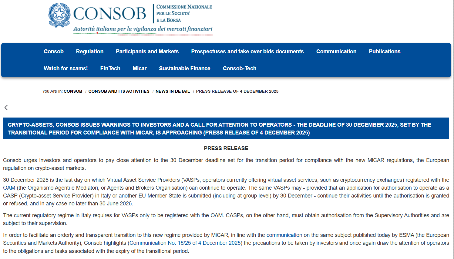 Italy sets hard stop for MiCA authorization. Source: CONSOB