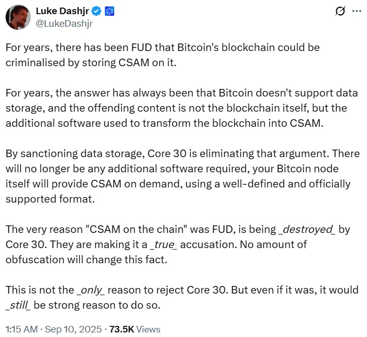 CSAM concerns regarding Bitcoin Core v30 flood social discussions. Source: Luke Dashjr
