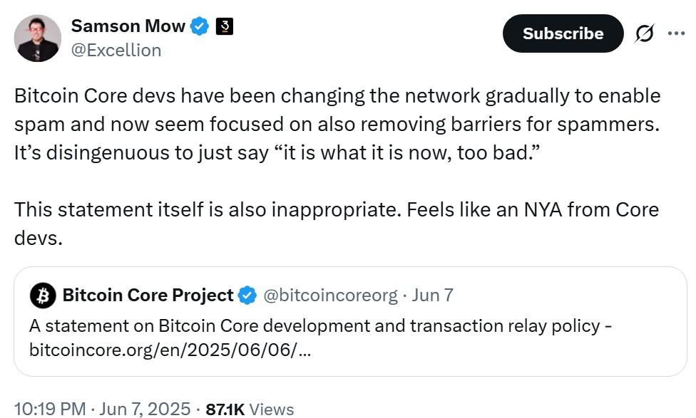 Bitcoin Core’s statement stops short of endorsing non-financial data but accepts the open use of the network. Source: Samson Mow