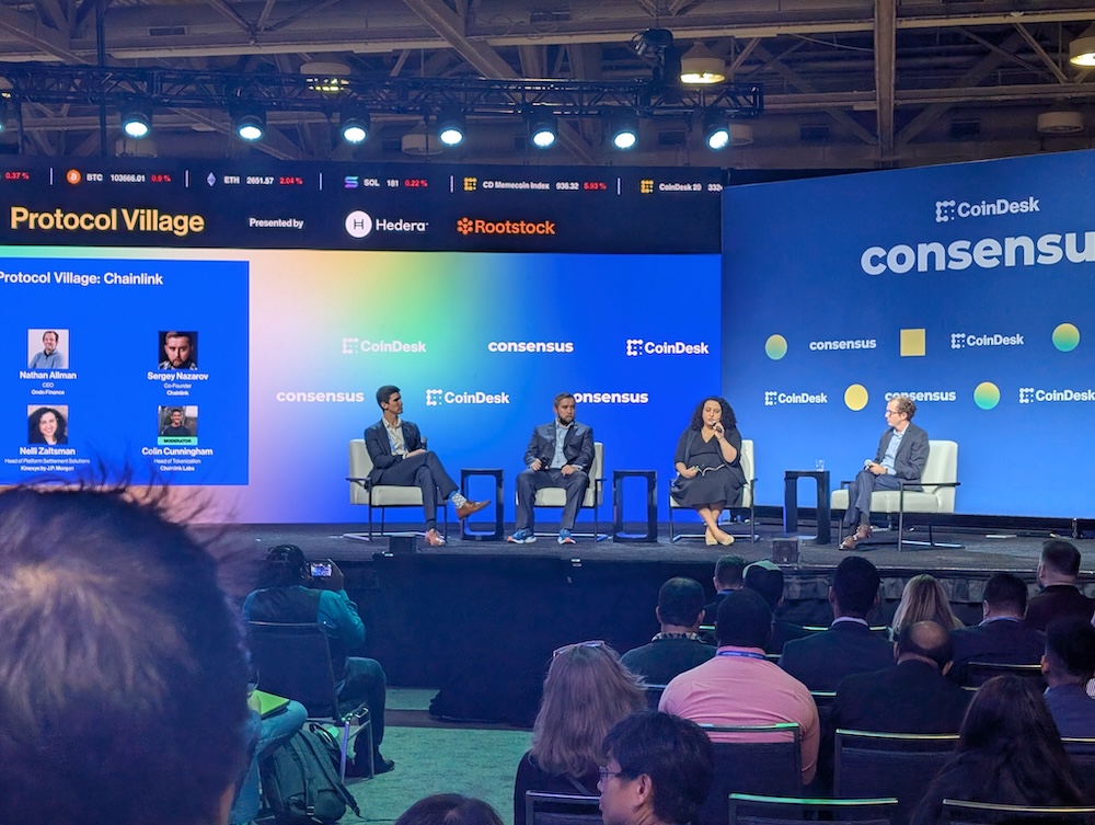 From left to right: Colin Cunningham, Sergey Nazarov, Nelli Zaltzman and Nathan Allman at Consensus 2025. Source: Vince Quill/Cointelegraph