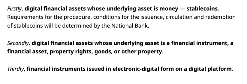 Three types of digital financial assets in Kazakhstan’s new financial laws. Source: Gov.Kz
