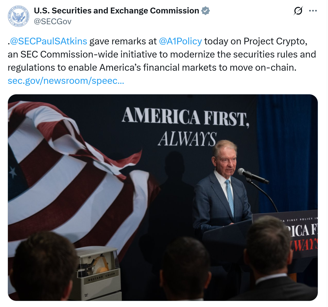 Paul Atkins gives remarks on Project Crypto. Source: SEC
