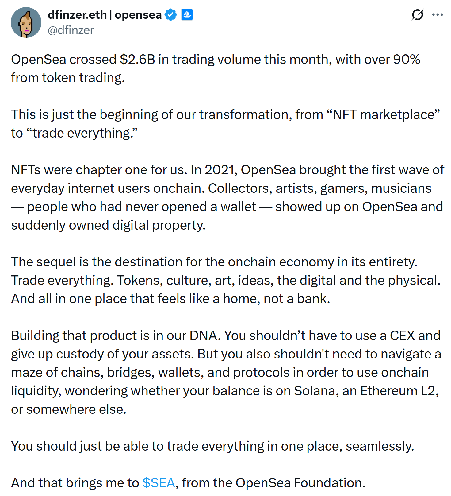 OpenSea CEO announces the project’s shift toward “trade everything.” Source: Finzer
