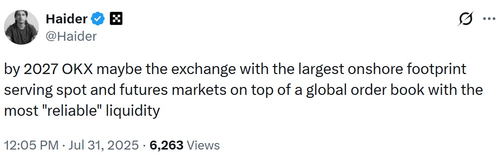 OKX signals ambition to dominate licensed onshore crypto markets. Source: Haider Rafique