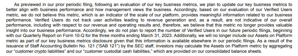 In its 2022 financial statement, the firm stated it would stop reporting the metric as it no longer believed it provided meaningful information to its business performance. Source: SEC