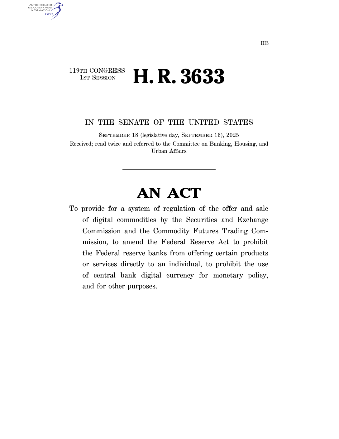 The CLARITY Act, a crypto market structure bill in the US. Source: US Congress