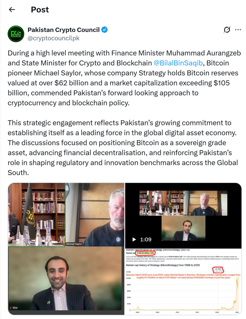 Meeting between Saqib, Michael Saylor, and Pakistan’s Finance Minister Muhammad Aurangzeb. Source: Pakistan Crypto Council