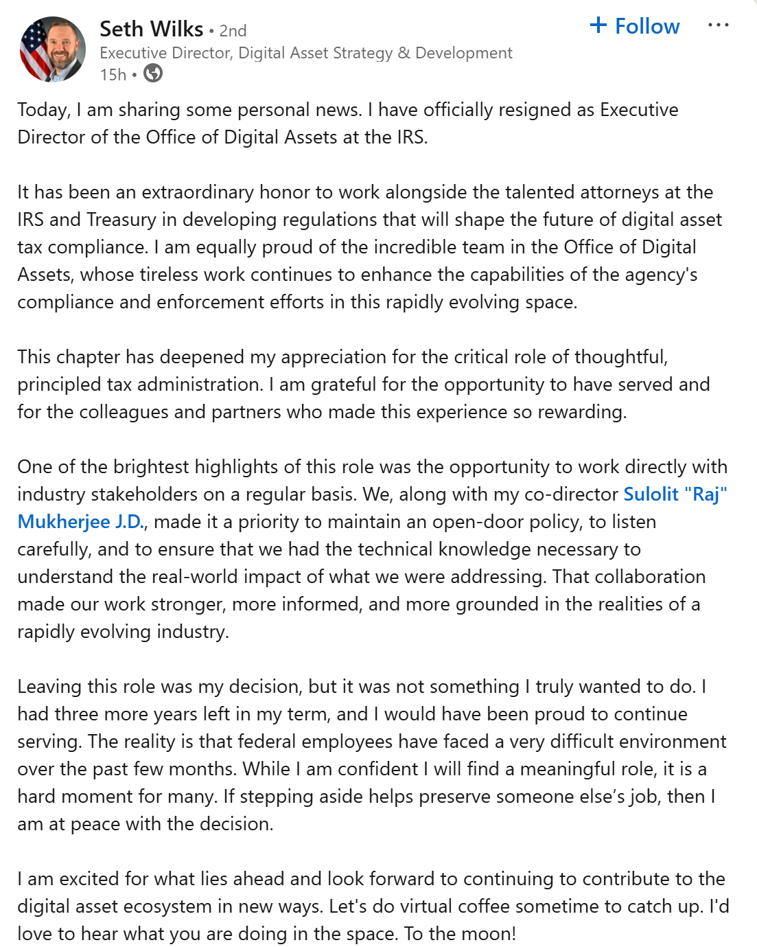 Seth Wilks announced his departure on LinkedIn. Source: Seth Wilks