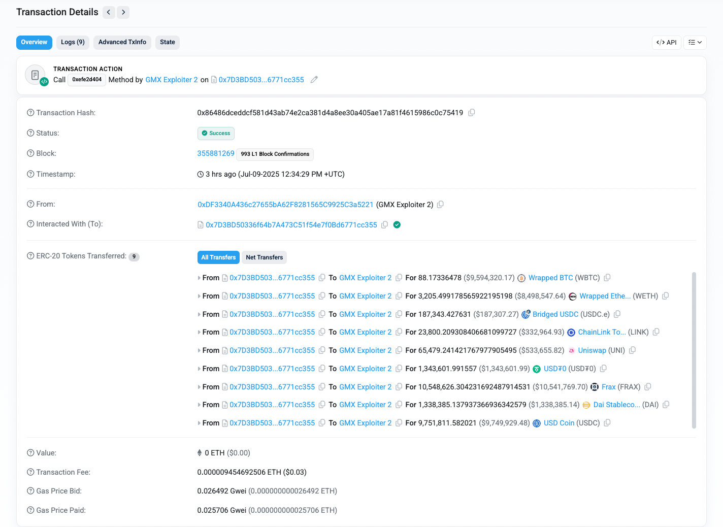 GLP hacker transfers funds to their wallet. Source: Arbiscan